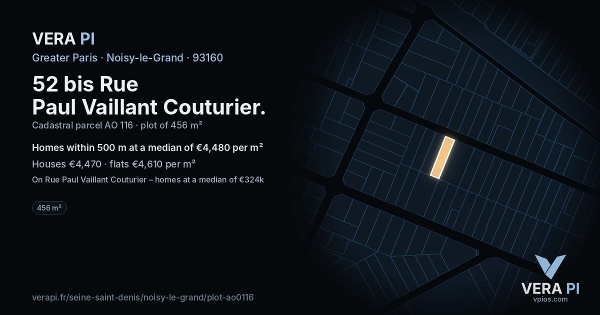 52 bis Rue Paul Vaillant Couturier, Noisy-le-Grand at night – the plot lit, the parcels around coloured by the prices near them