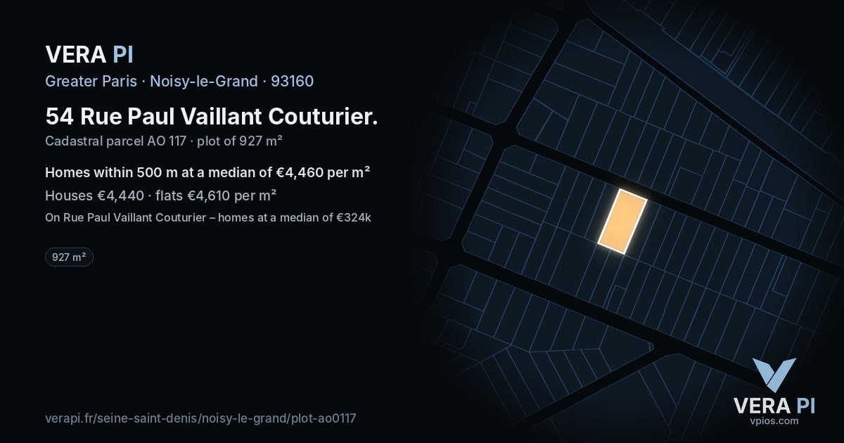 54 Rue Paul Vaillant Couturier, Noisy-le-Grand at night – the plot lit, the parcels around coloured by the prices near them