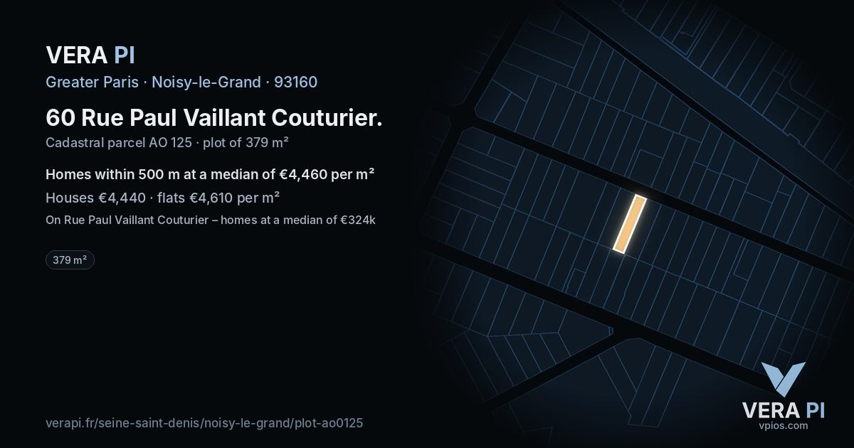 60 Rue Paul Vaillant Couturier, Noisy-le-Grand at night – the plot lit, the parcels around coloured by the prices near them