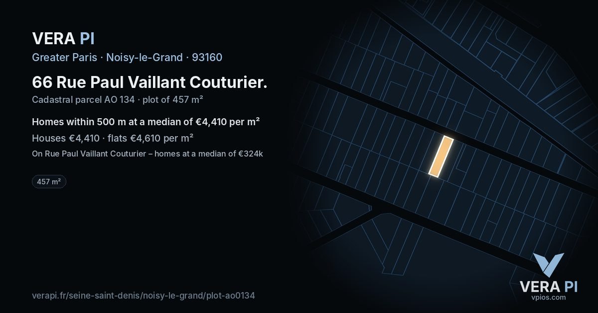 66 Rue Paul Vaillant Couturier, Noisy-le-Grand at night – the plot lit, the parcels around coloured by the prices near them
