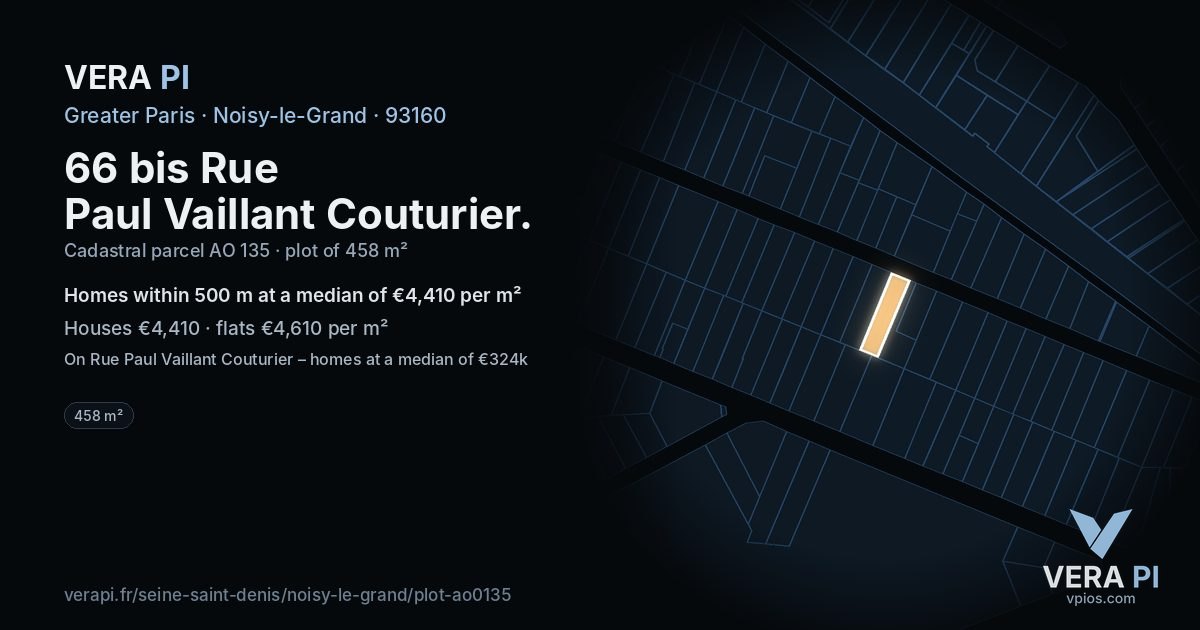 66 bis Rue Paul Vaillant Couturier, Noisy-le-Grand at night – the plot lit, the parcels around coloured by the prices near them