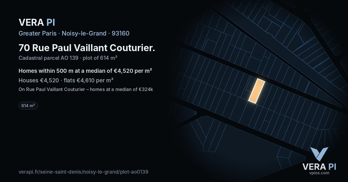 70 Rue Paul Vaillant Couturier, Noisy-le-Grand at night – the plot lit, the parcels around coloured by the prices near them