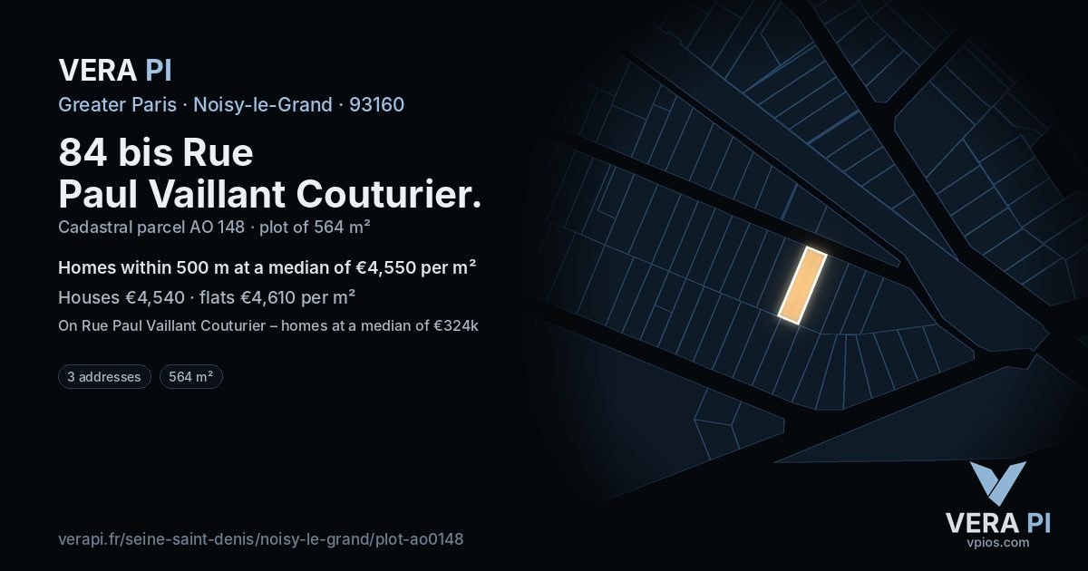 84 bis Rue Paul Vaillant Couturier, Noisy-le-Grand at night – the plot lit, the parcels around coloured by the prices near them