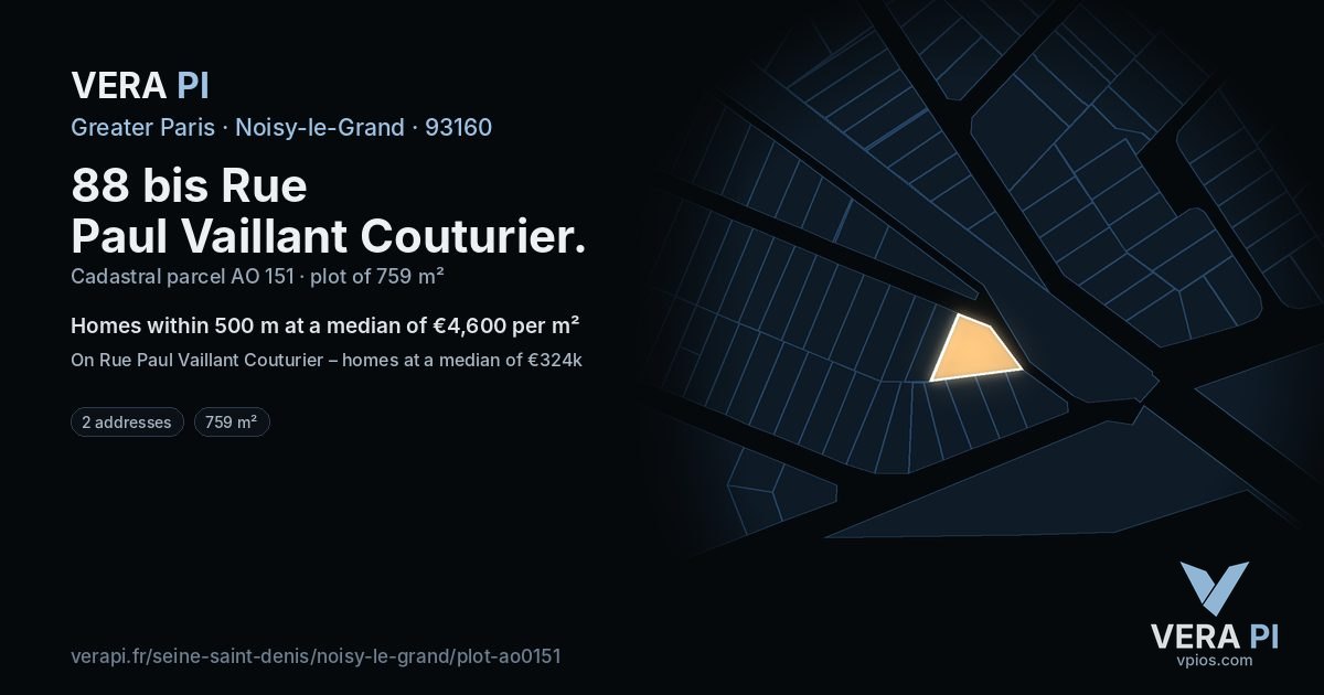 88 bis Rue Paul Vaillant Couturier, Noisy-le-Grand at night – the plot lit, the parcels around coloured by the prices near them
