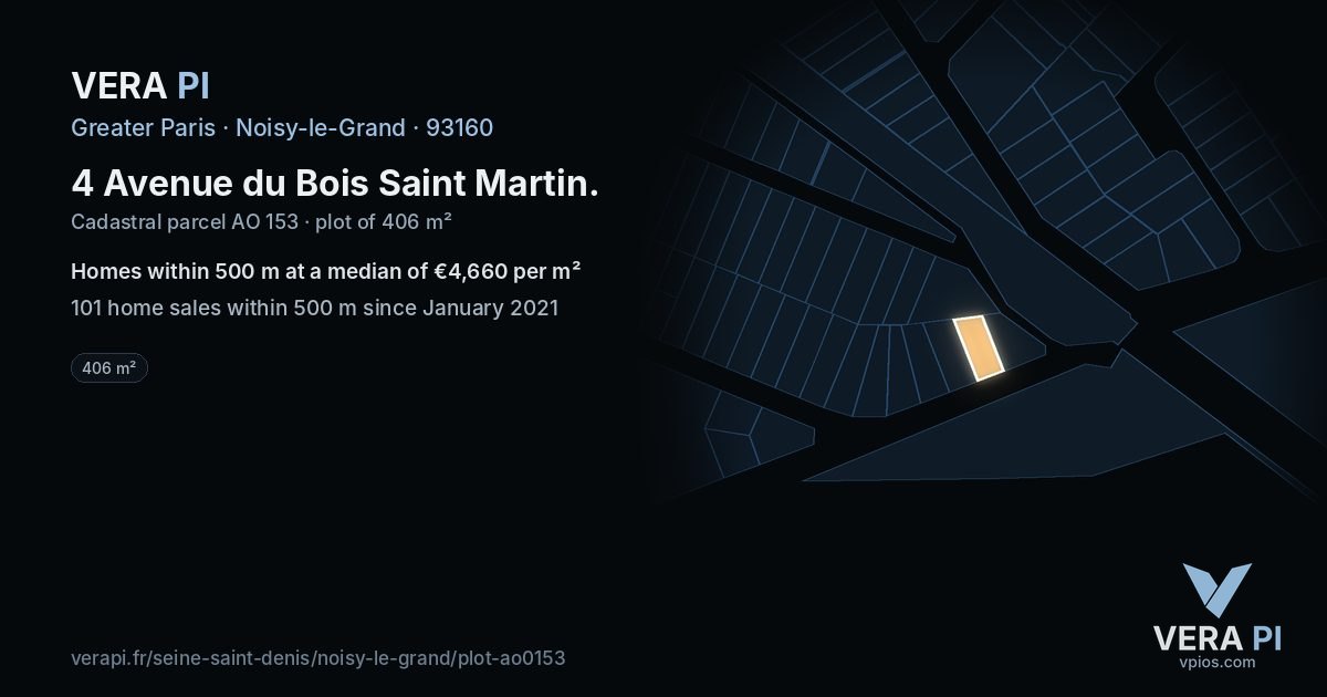 4 Avenue du Bois Saint Martin, Noisy-le-Grand at night – the plot lit, the parcels around coloured by the prices near them