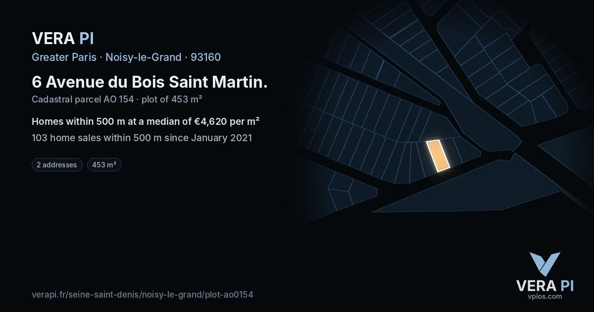 6 Avenue du Bois Saint Martin, Noisy-le-Grand at night – the plot lit, the parcels around coloured by the prices near them