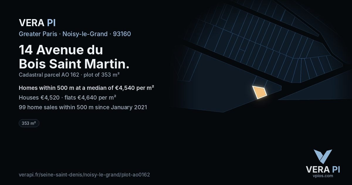 14 Avenue du Bois Saint Martin, Noisy-le-Grand at night – the plot lit, the parcels around coloured by the prices near them