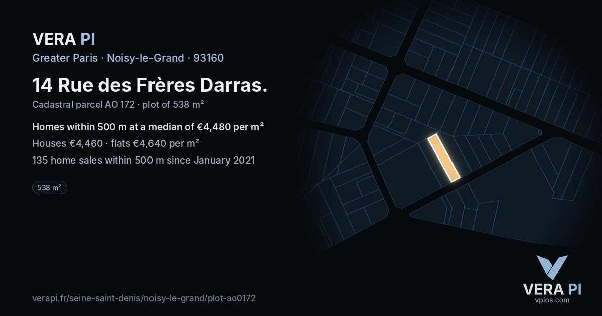 14 Rue des Frères Darras, Noisy-le-Grand at night – the plot lit, the parcels around coloured by the prices near them