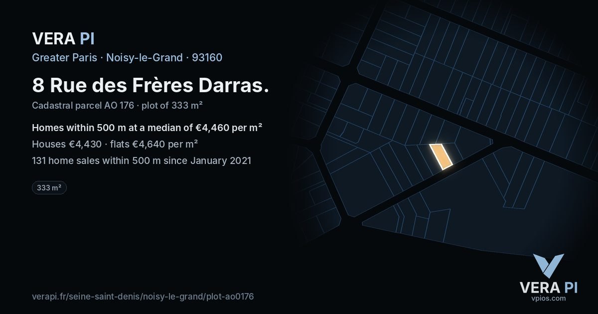 8 Rue des Frères Darras, Noisy-le-Grand at night – the plot lit, the parcels around coloured by the prices near them