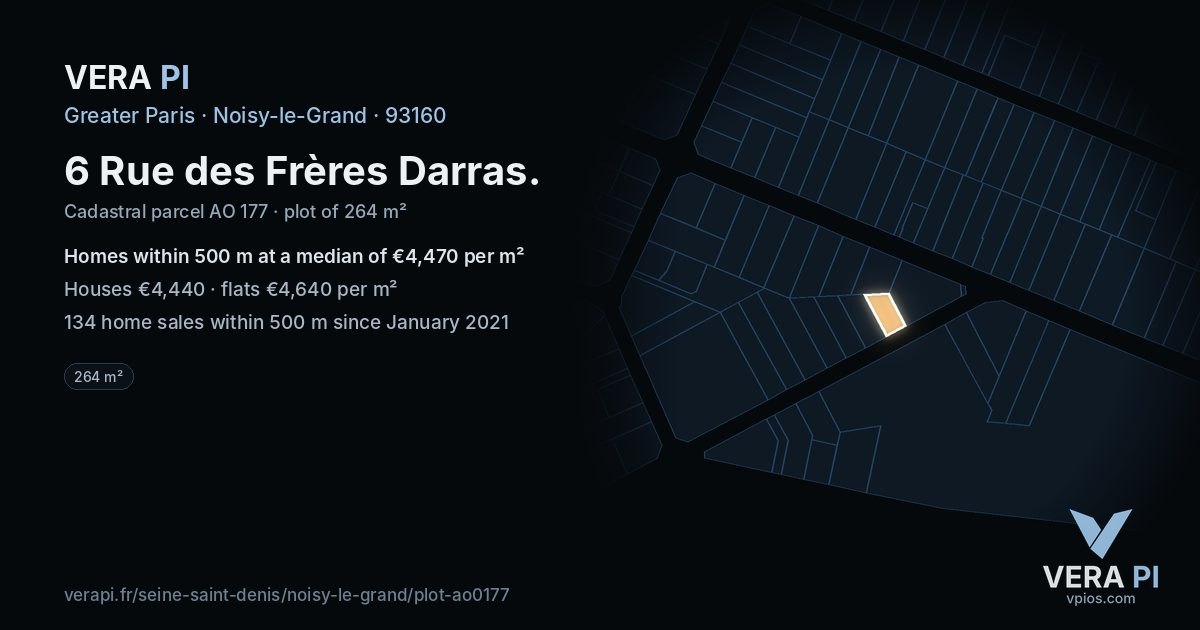 6 Rue des Frères Darras, Noisy-le-Grand at night – the plot lit, the parcels around coloured by the prices near them