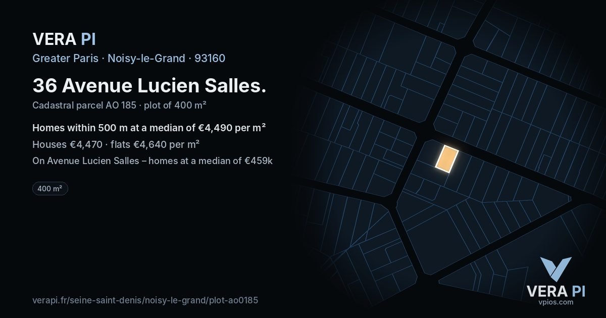 36 Avenue Lucien Salles, Noisy-le-Grand at night – the plot lit, the parcels around coloured by the prices near them