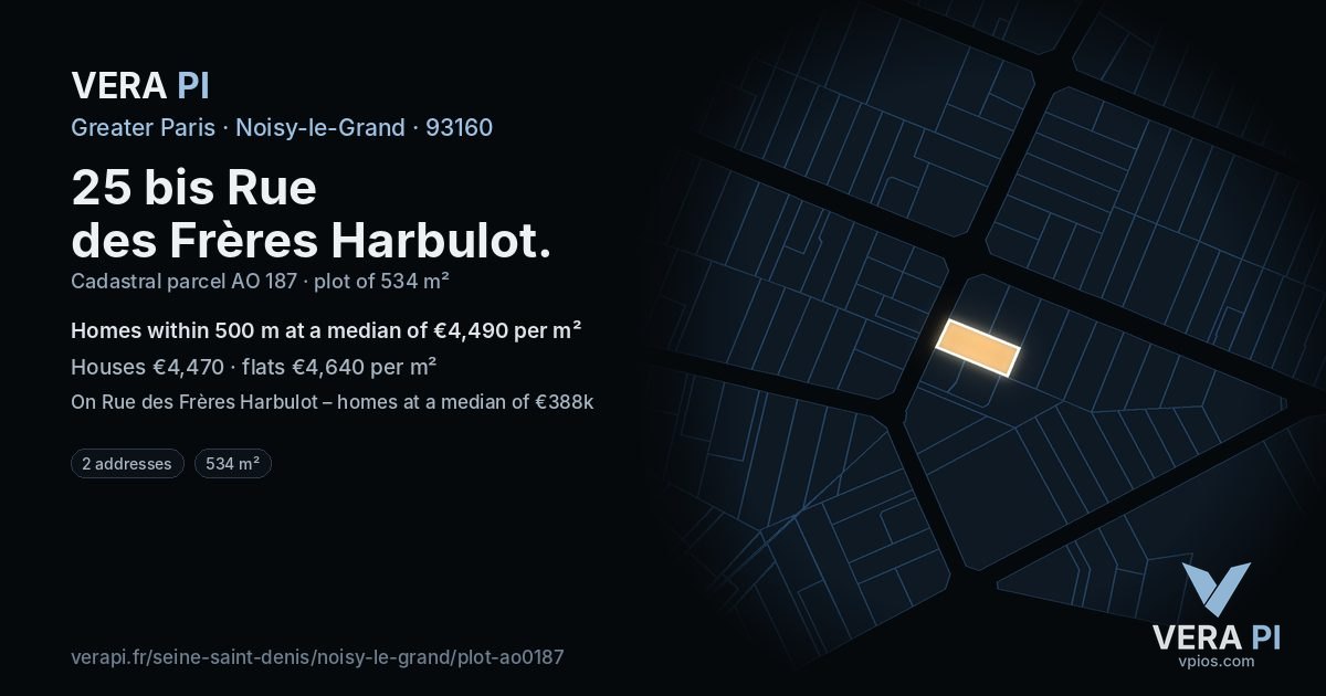 25 bis Rue des Frères Harbulot, Noisy-le-Grand at night – the plot lit, the parcels around coloured by the prices near them