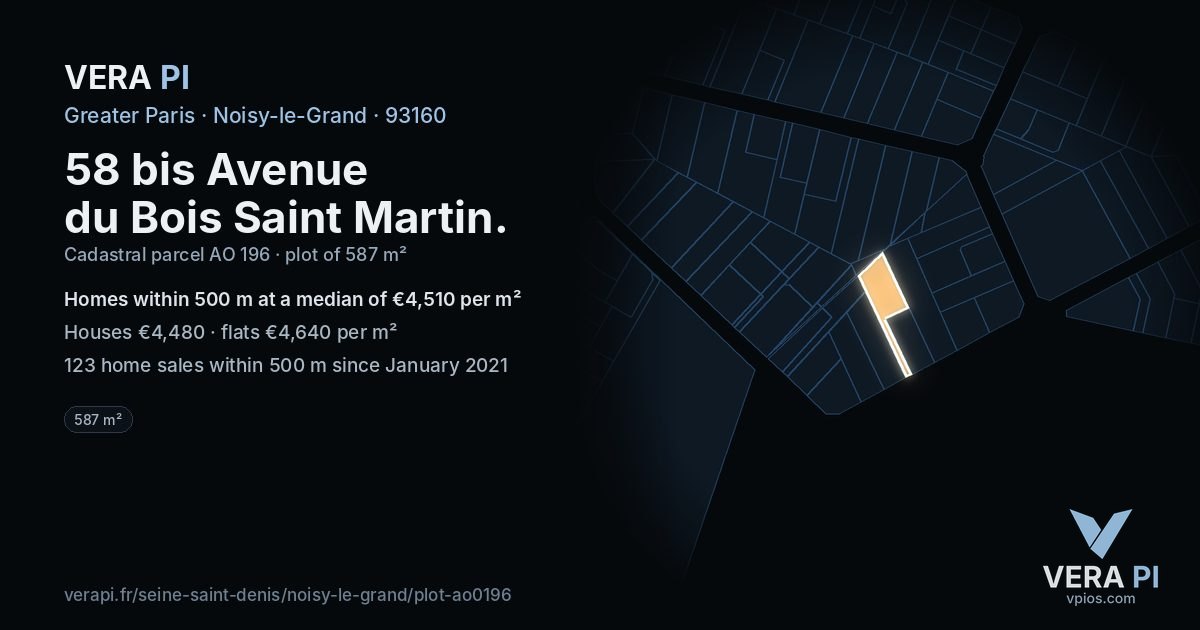 58 bis Avenue du Bois Saint Martin, Noisy-le-Grand at night – the plot lit, the parcels around coloured by the prices near them