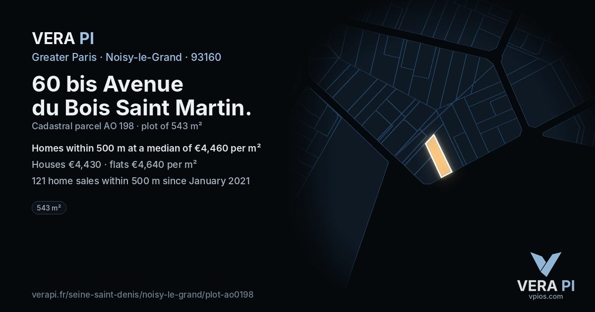 60 bis Avenue du Bois Saint Martin, Noisy-le-Grand at night – the plot lit, the parcels around coloured by the prices near them