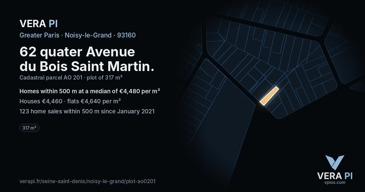 62 quater Avenue du Bois Saint Martin, Noisy-le-Grand at night – the plot lit, the parcels around coloured by the prices near them