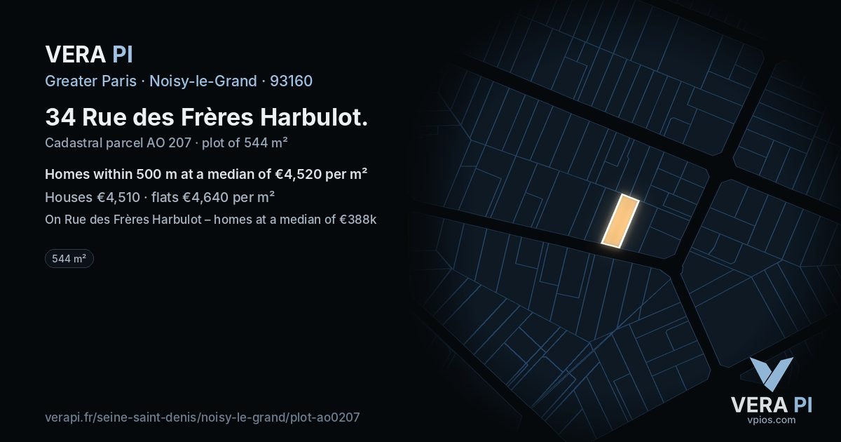 34 Rue des Frères Harbulot, Noisy-le-Grand at night – the plot lit, the parcels around coloured by the prices near them