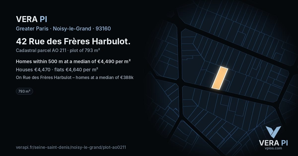 42 Rue des Frères Harbulot, Noisy-le-Grand at night – the plot lit, the parcels around coloured by the prices near them