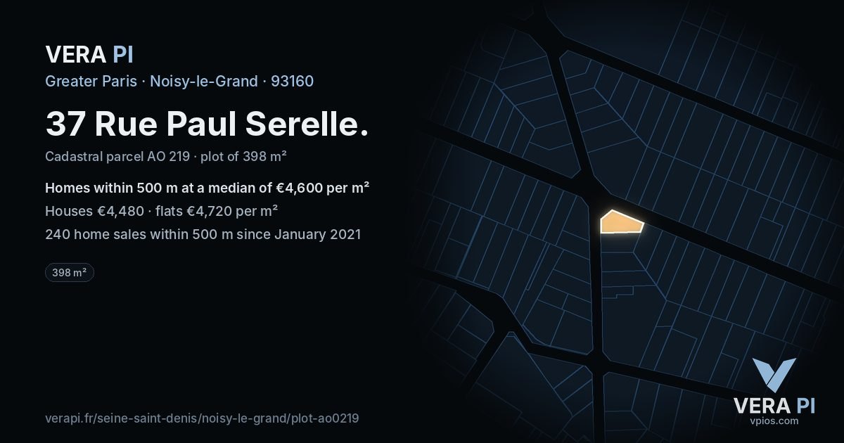 37 Rue Paul Serelle, Noisy-le-Grand at night – the plot lit, the parcels around coloured by the prices near them