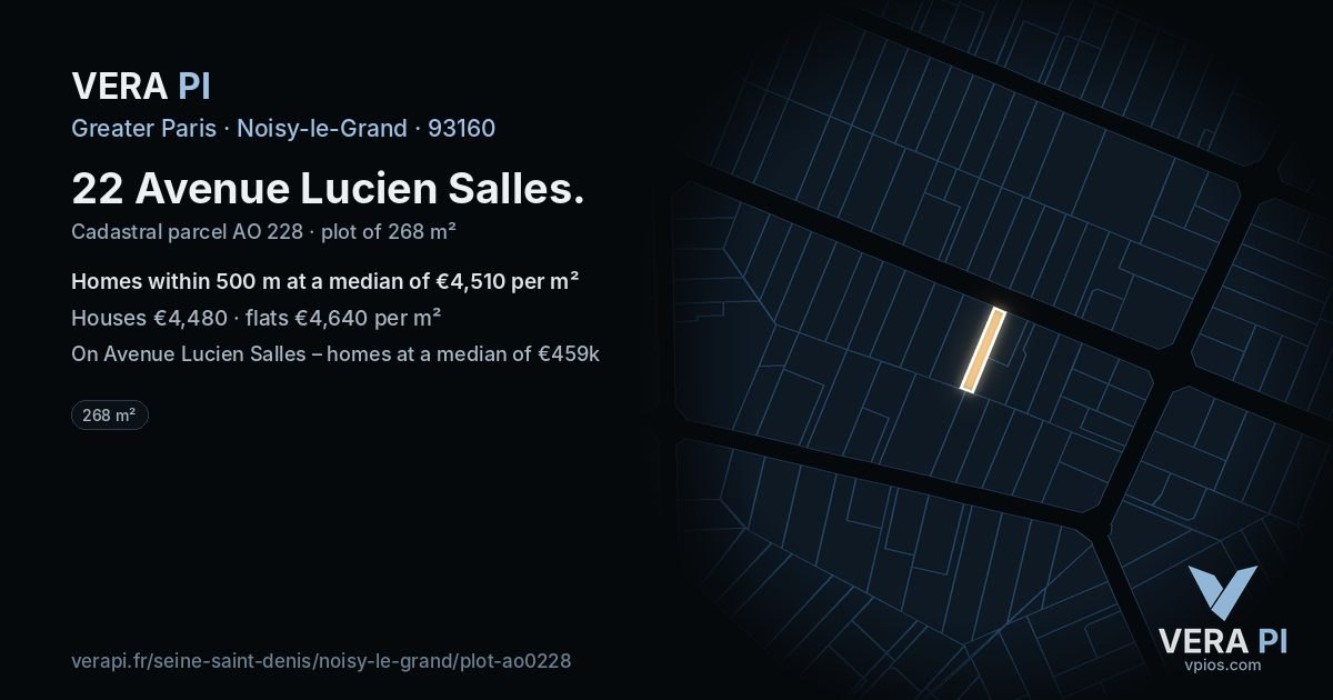 22 Avenue Lucien Salles, Noisy-le-Grand at night – the plot lit, the parcels around coloured by the prices near them