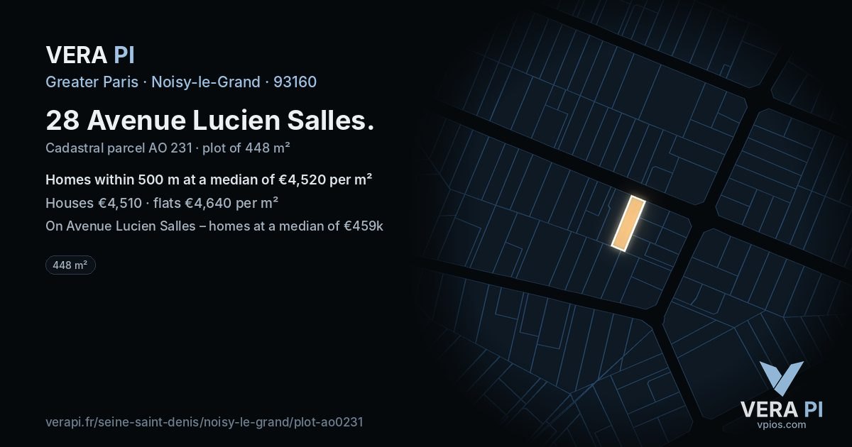 28 Avenue Lucien Salles, Noisy-le-Grand at night – the plot lit, the parcels around coloured by the prices near them