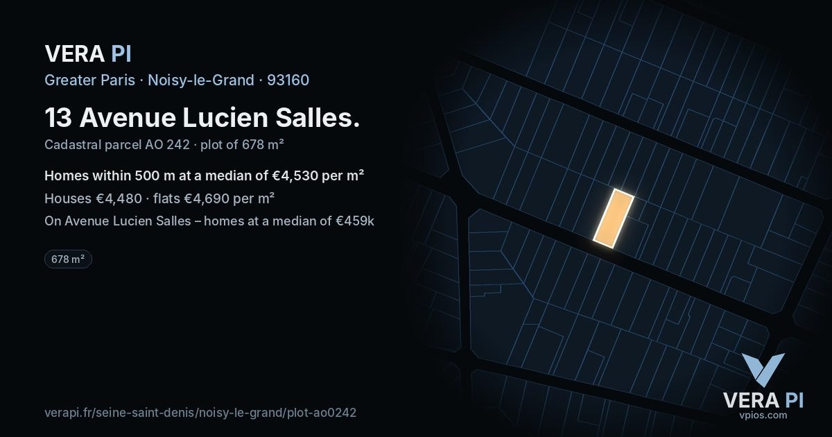 13 Avenue Lucien Salles, Noisy-le-Grand at night – the plot lit, the parcels around coloured by the prices near them