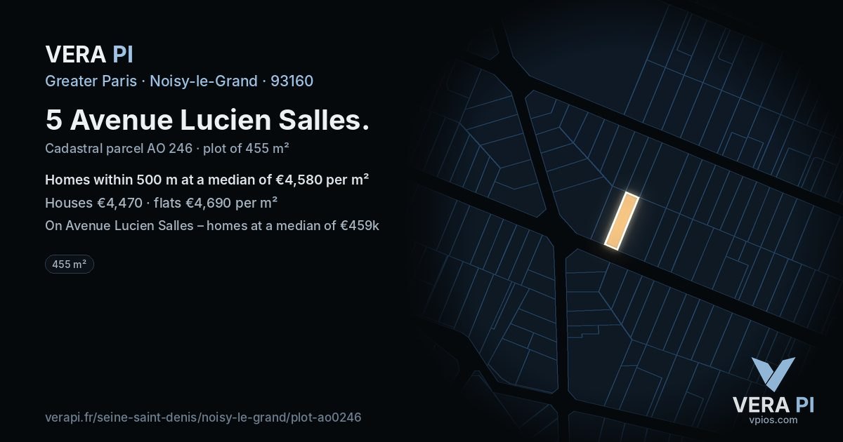 5 Avenue Lucien Salles, Noisy-le-Grand at night – the plot lit, the parcels around coloured by the prices near them