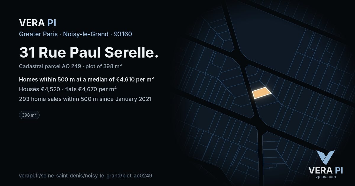 31 Rue Paul Serelle, Noisy-le-Grand at night – the plot lit, the parcels around coloured by the prices near them
