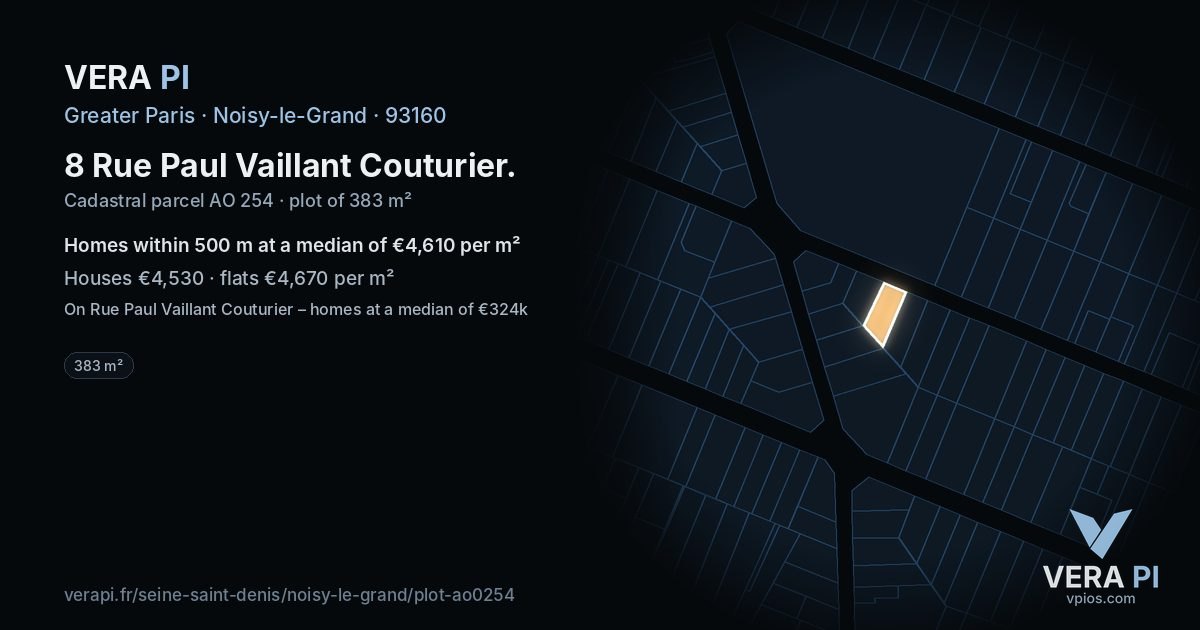8 Rue Paul Vaillant Couturier, Noisy-le-Grand at night – the plot lit, the parcels around coloured by the prices near them