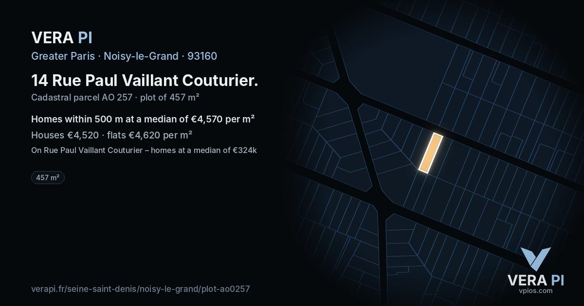 14 Rue Paul Vaillant Couturier, Noisy-le-Grand at night – the plot lit, the parcels around coloured by the prices near them
