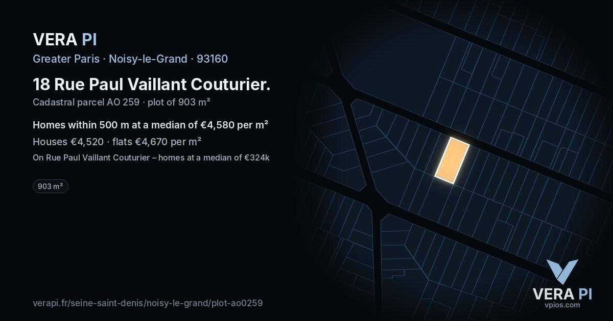 18 Rue Paul Vaillant Couturier, Noisy-le-Grand at night – the plot lit, the parcels around coloured by the prices near them