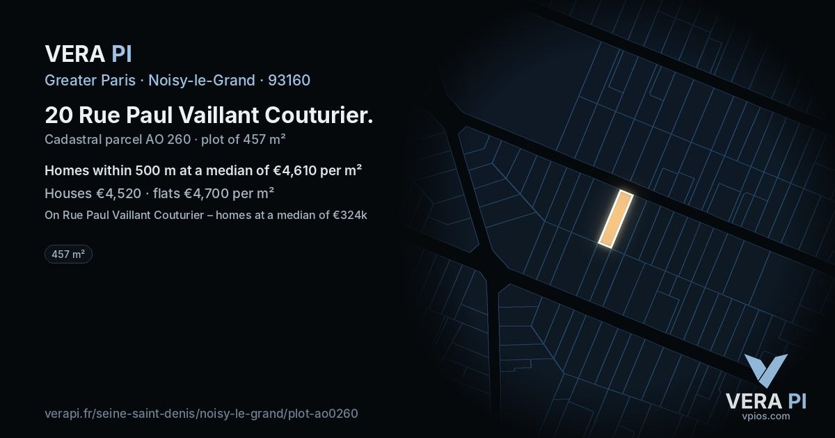 20 Rue Paul Vaillant Couturier, Noisy-le-Grand at night – the plot lit, the parcels around coloured by the prices near them