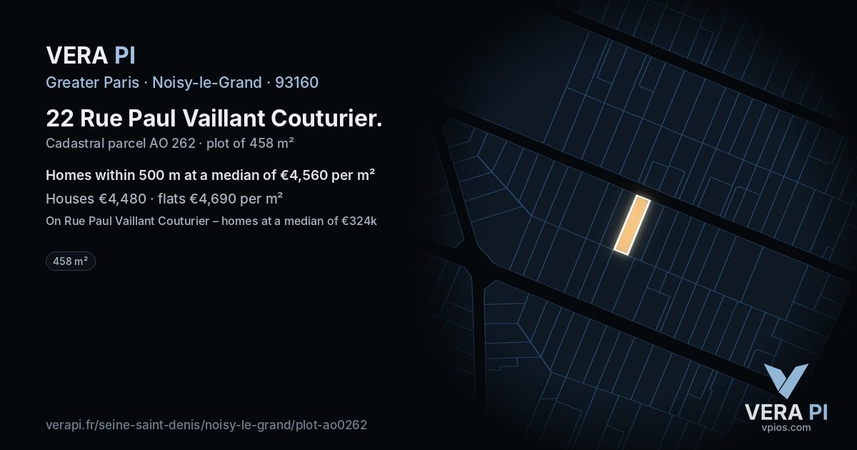 22 Rue Paul Vaillant Couturier, Noisy-le-Grand at night – the plot lit, the parcels around coloured by the prices near them