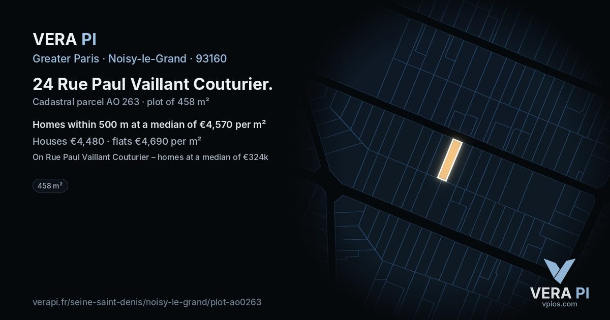 24 Rue Paul Vaillant Couturier, Noisy-le-Grand at night – the plot lit, the parcels around coloured by the prices near them