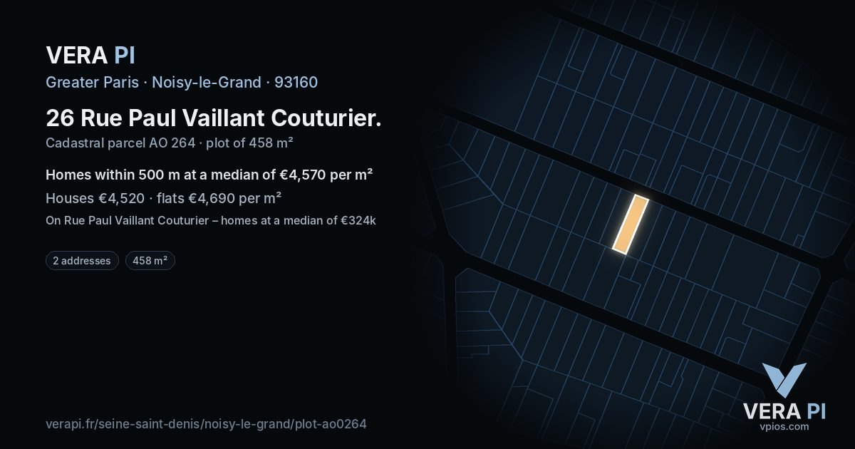26 Rue Paul Vaillant Couturier, Noisy-le-Grand at night – the plot lit, the parcels around coloured by the prices near them