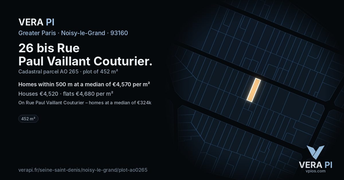 26 bis Rue Paul Vaillant Couturier, Noisy-le-Grand at night – the plot lit, the parcels around coloured by the prices near them
