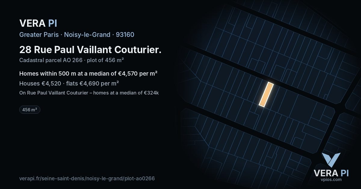 28 Rue Paul Vaillant Couturier, Noisy-le-Grand at night – the plot lit, the parcels around coloured by the prices near them
