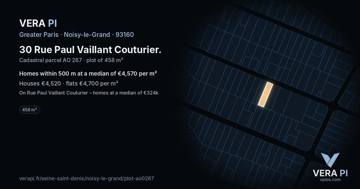 30 Rue Paul Vaillant Couturier, Noisy-le-Grand at night – the plot lit, the parcels around coloured by the prices near them