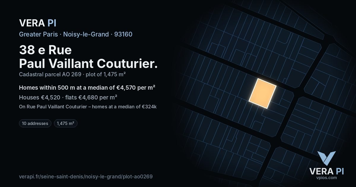 38 e Rue Paul Vaillant Couturier, Noisy-le-Grand at night – the plot lit, the parcels around coloured by the prices near them
