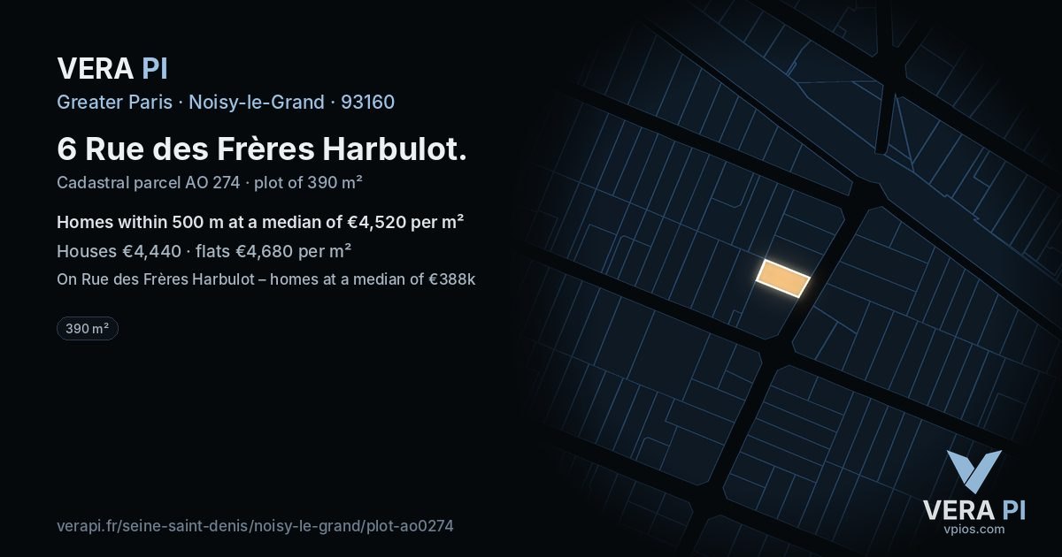 6 Rue des Frères Harbulot, Noisy-le-Grand at night – the plot lit, the parcels around coloured by the prices near them