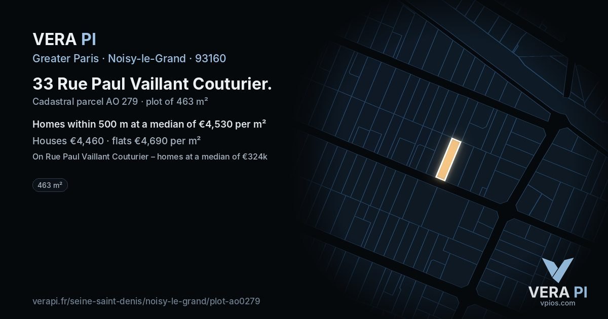 33 Rue Paul Vaillant Couturier, Noisy-le-Grand at night – the plot lit, the parcels around coloured by the prices near them