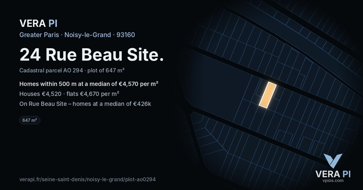 24 Rue Beau Site, Noisy-le-Grand at night – the plot lit, the parcels around coloured by the prices near them