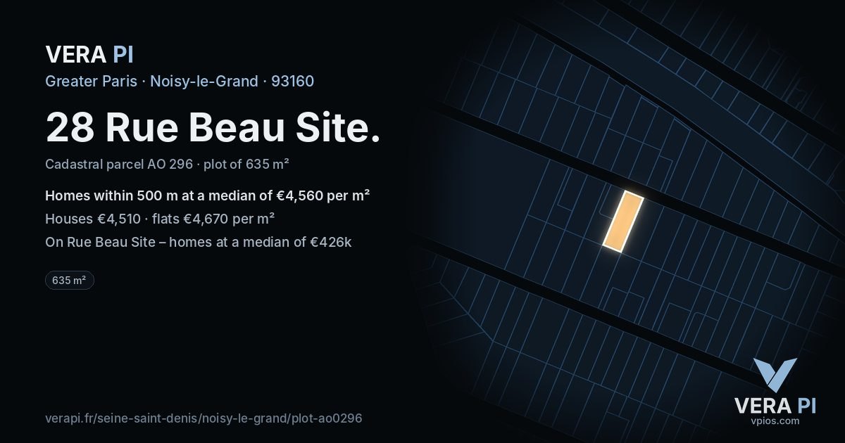 28 Rue Beau Site, Noisy-le-Grand at night – the plot lit, the parcels around coloured by the prices near them