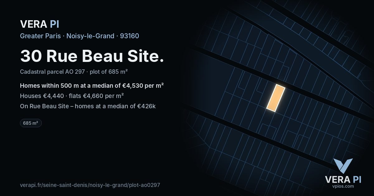 30 Rue Beau Site, Noisy-le-Grand at night – the plot lit, the parcels around coloured by the prices near them