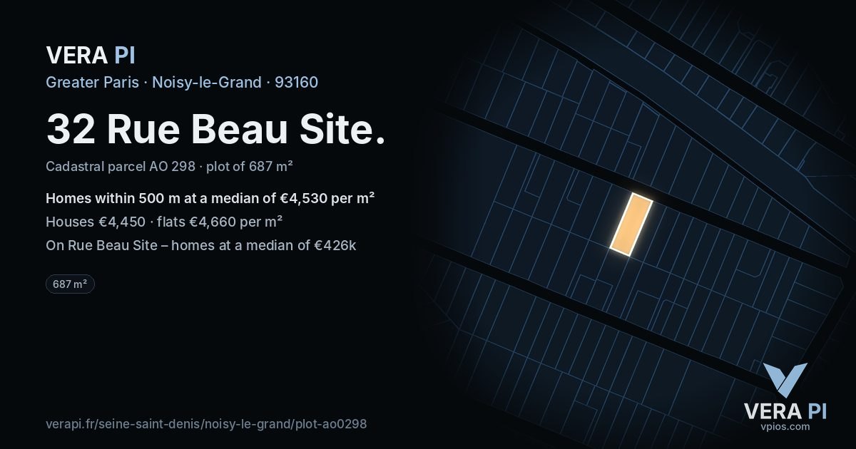 32 Rue Beau Site, Noisy-le-Grand at night – the plot lit, the parcels around coloured by the prices near them