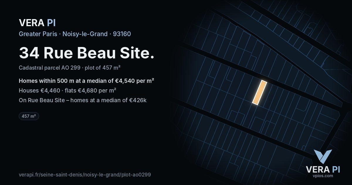 34 Rue Beau Site, Noisy-le-Grand at night – the plot lit, the parcels around coloured by the prices near them