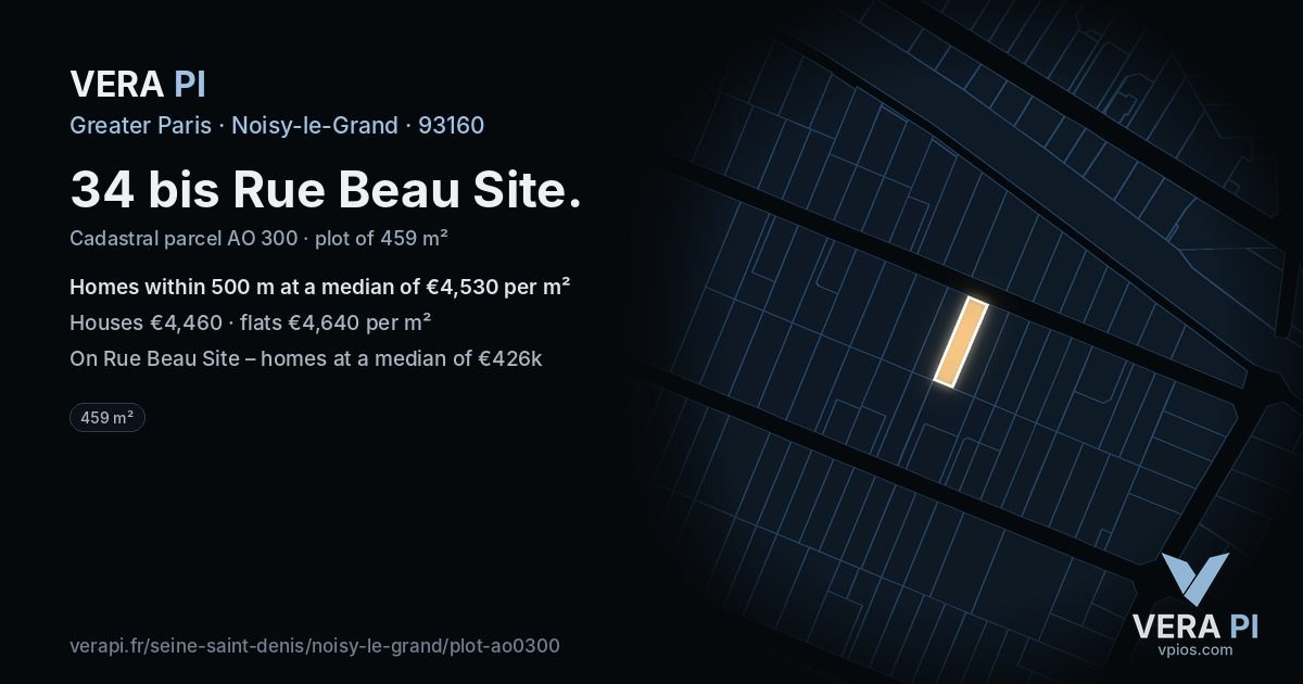 34 bis Rue Beau Site, Noisy-le-Grand at night – the plot lit, the parcels around coloured by the prices near them