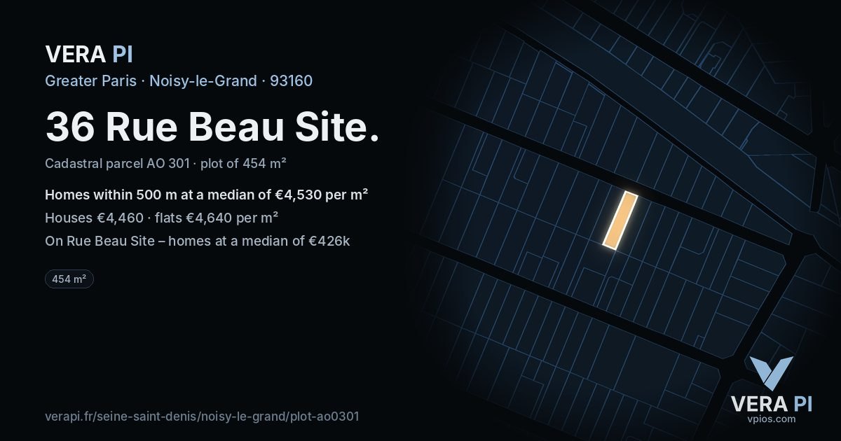 36 Rue Beau Site, Noisy-le-Grand at night – the plot lit, the parcels around coloured by the prices near them