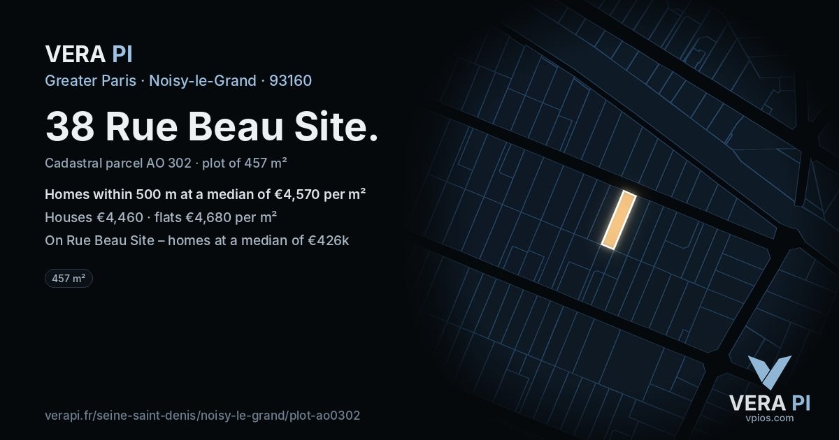 38 Rue Beau Site, Noisy-le-Grand at night – the plot lit, the parcels around coloured by the prices near them
