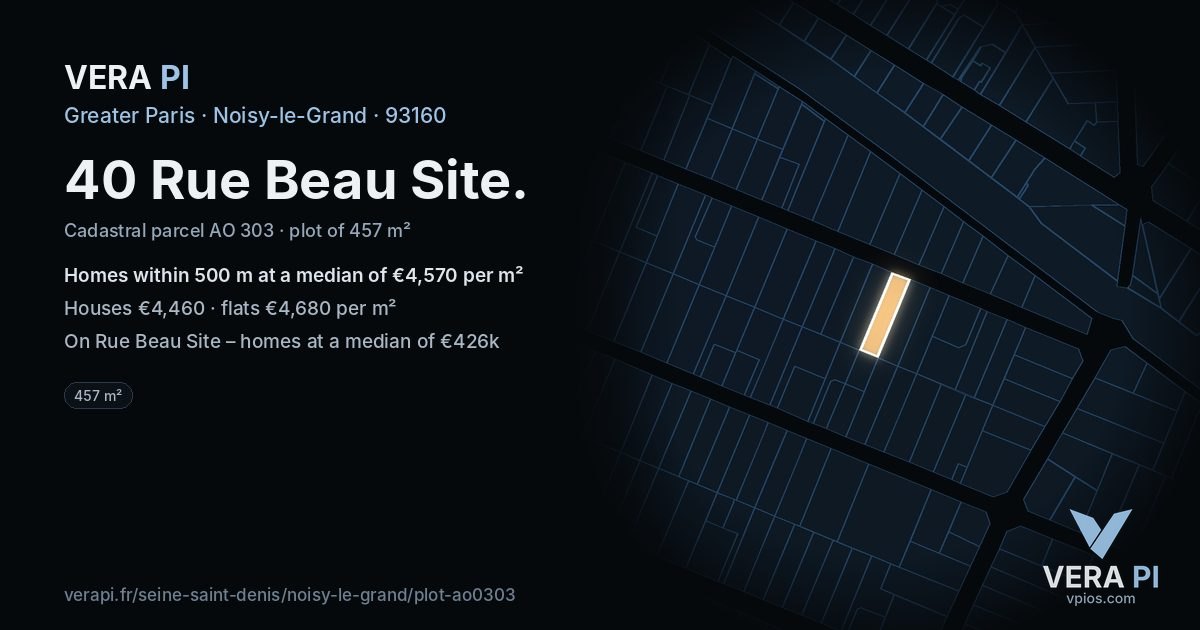 40 Rue Beau Site, Noisy-le-Grand at night – the plot lit, the parcels around coloured by the prices near them