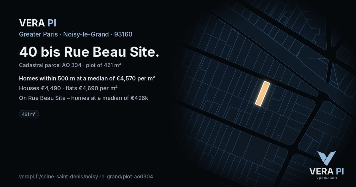 40 bis Rue Beau Site, Noisy-le-Grand at night – the plot lit, the parcels around coloured by the prices near them